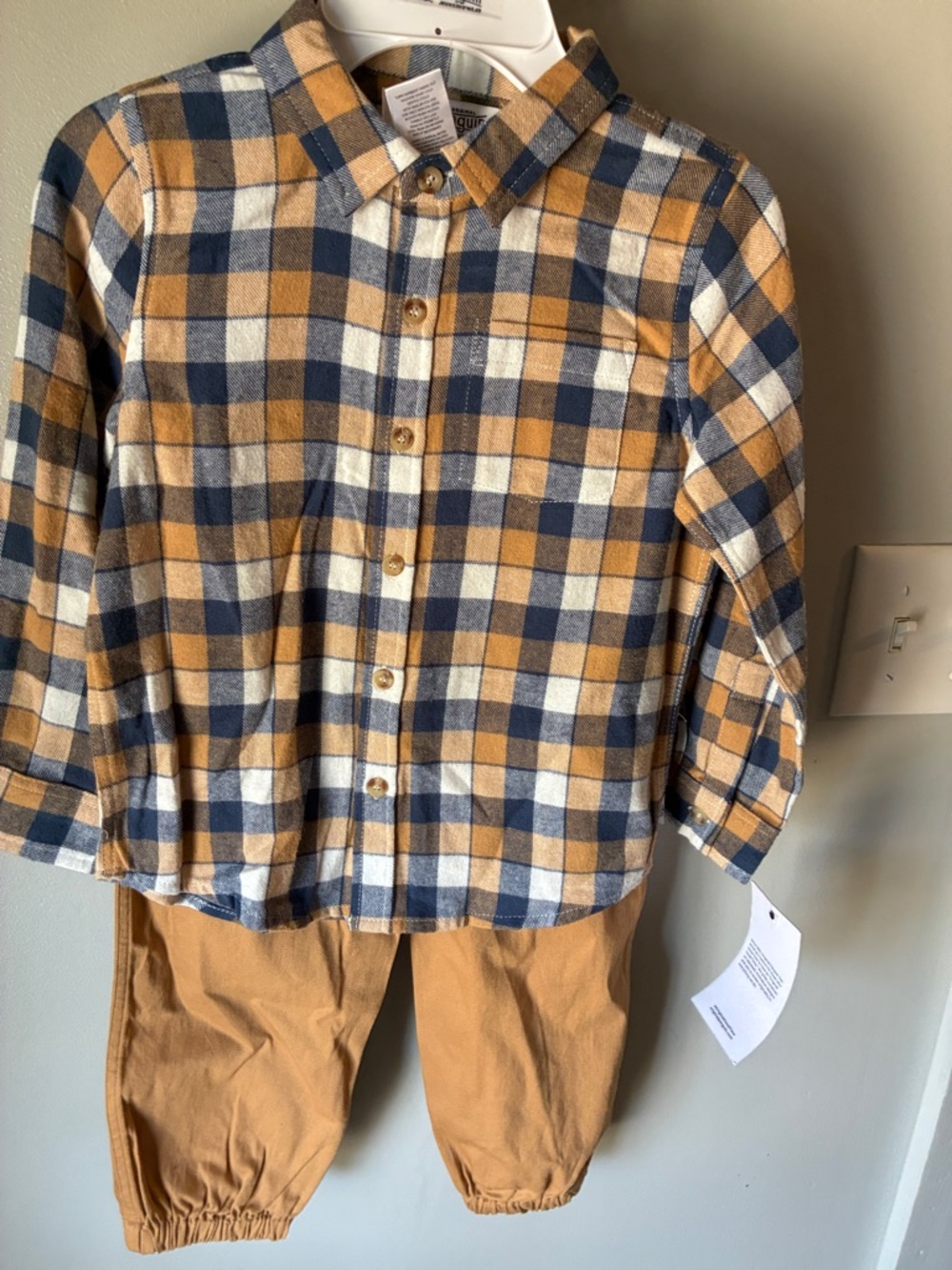 Original Penguin Boys Plaid Shirt and Tan Jogger Set - Navy, Mustard, White